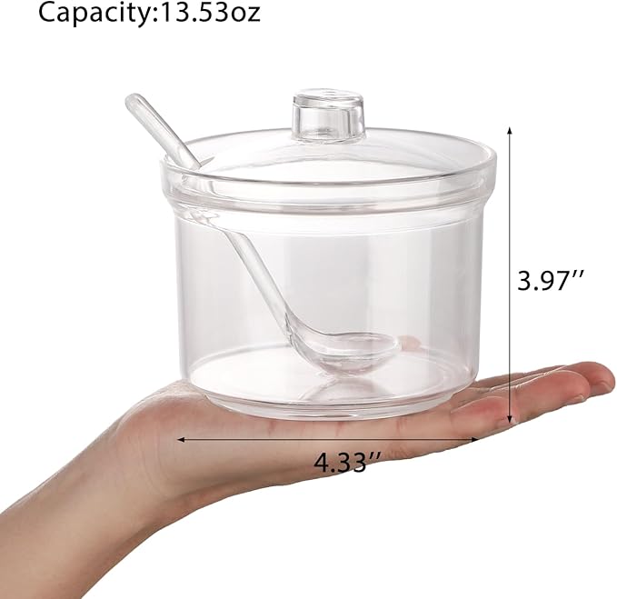 Set of 4 Acrylic Sugar Bowl with Lid and Spoon, Clear Sugar Jar with Lid And Spoon, Cute Jars for Sugar, Salt, Tea, Condiment Server- 13oz