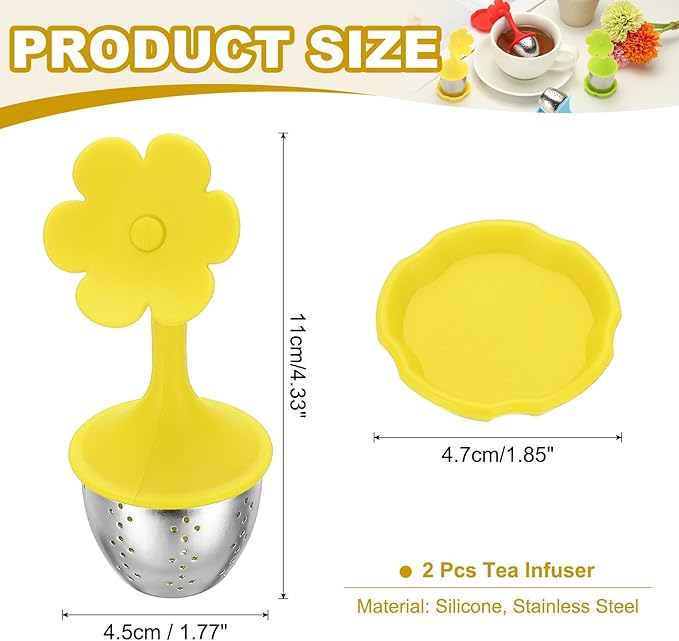 uxcell 2 Pcs Flower Tea Infuser, Stainless Steel Loose Leaf Tea Steeper Filter with Silicone Handle Reusable Coarse Pores Mesh Strainer Diffuser for Teacups Teapots Mugs, Yellow