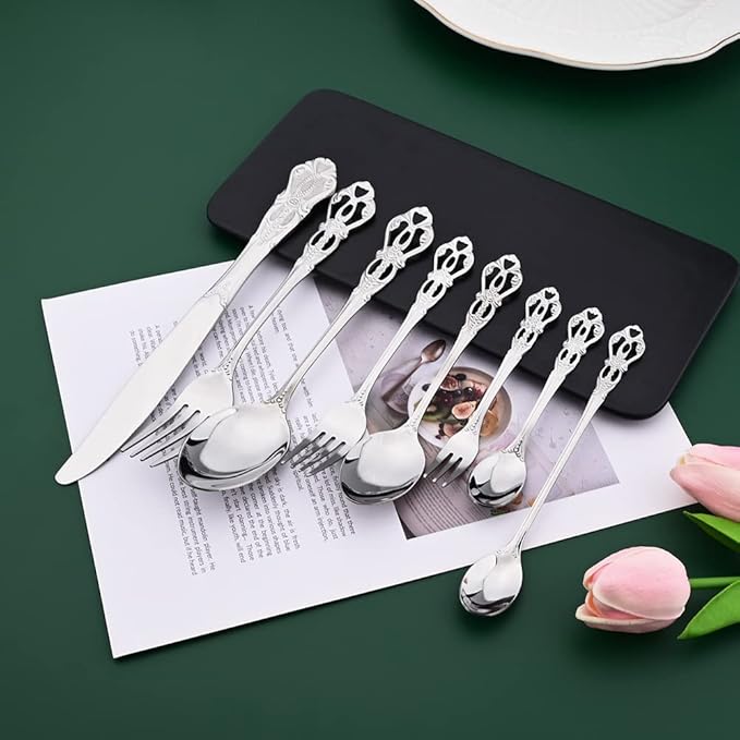 Shiny Silver 48-Piece Family Cutlery Set 18/0 Stainless Steel Fancy Flatware Set Service for 6 Luxury Retro Metal Forks Knives Spoons Silverware Set Mirror Polished