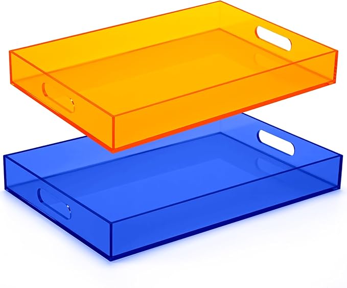 Set of 2 Large Acrylic Tray 16''x12'' Neon Blue Orange Ottoman Coffee Table Tray with Handles Maximalist Decorative Serving Platter for Food Tea Dinner Snack Eating Bar Party