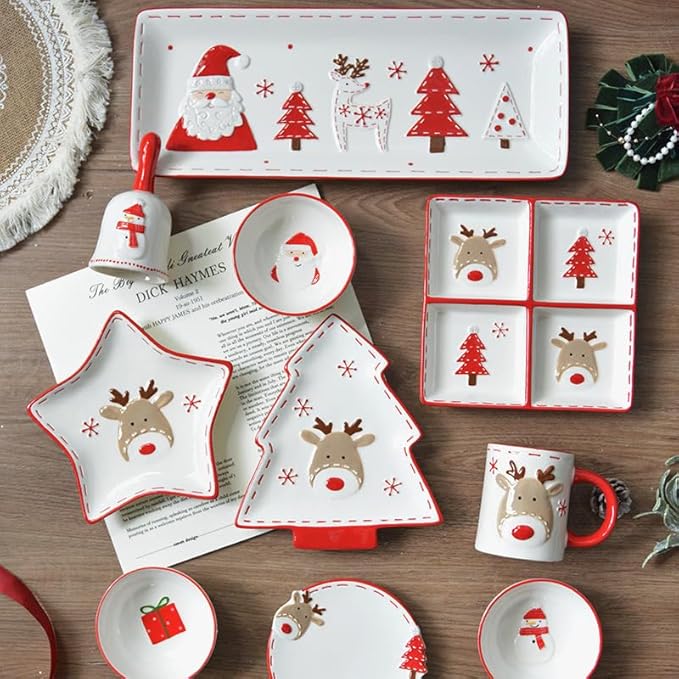 Christmas Ceramic Appetizer Plates for Tapas, Salad, Appetizer, Dishwasher Safe, Microwave Safe, Freezer Safe (Gift bag Small bowl 11.1 * 4.5cm)