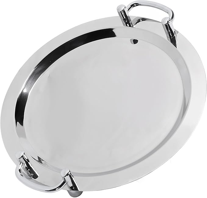 Stainless Steel Buffet Plate, Mirrored Silver Tray, Bright Mirror Finish Serving Tray with Handle for Hotel Restaurant Banquet (Square Length 43 cm) (Circular Diameter 40 cm)