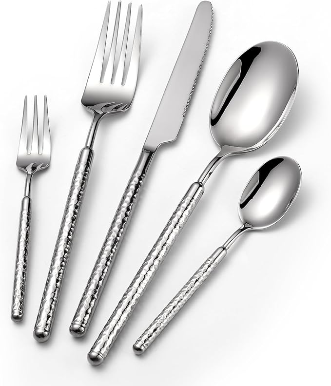 20-Piece Silverware Set, Stainless Steel Flatware Set for 4, Modern Hammered Utensil Tableware Set Include Dinner Knife/Fork/Spoon, Mirror Finish, Dishwasher Safe (20, silver)