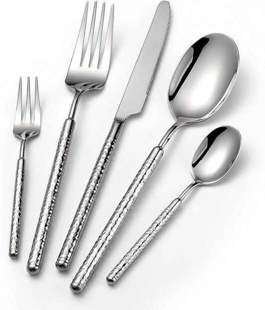 20-Piece Silverware Set, Stainless Steel Flatware Set for 4, Modern Hammered Utensil Tableware Set Include Dinner Knife/Fork/Spoon, Mirror Finish, Dishwasher Safe (20, silver)