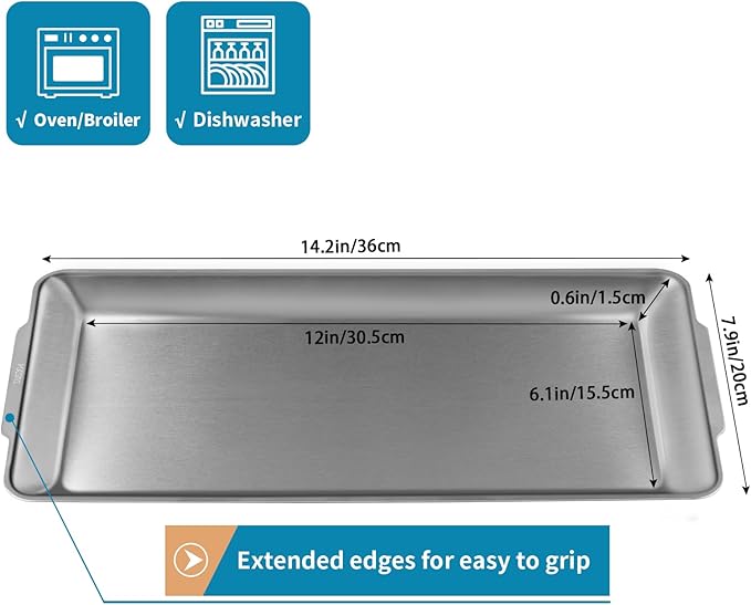 2 Pcs 304 Stainless Steel Serving Platters, 14.2" Rectangle Dinner Plates, Vanity Organizer Tray for Camping, BBQ, Party, Buffet, Appetizer, Bathroom Supplies (Brushed Nickel)