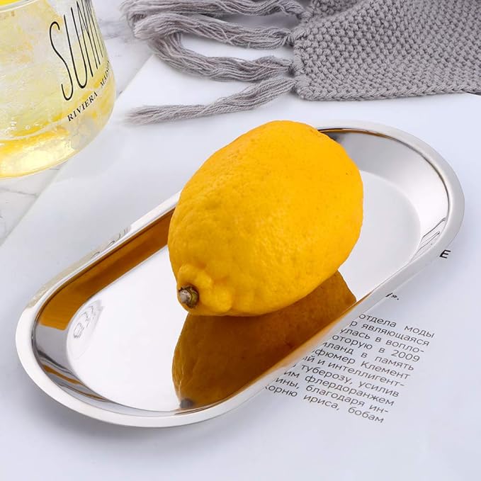 Buyer star Silver 2PCS 7.3inch Stainless Steel Oval Tray Fruit Trays Storage Tray Dish Plate Cosmetics Jewelry Decorative Organizer