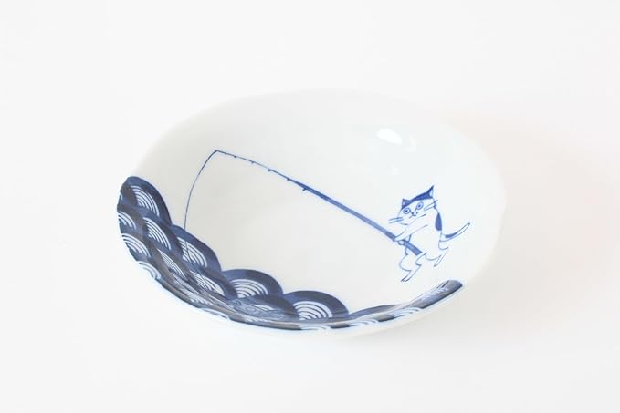 Mino ware Japanese Ceramics Pair Round Plate Japanese Cat (set of two) made in Japan GBS229 (Small Deep, Fishing)