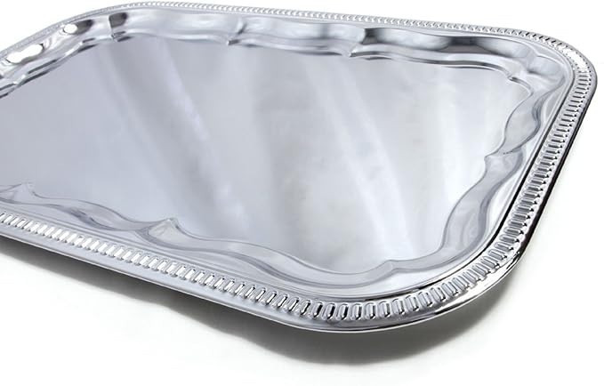(Pack of 4) 20.9" x 12.8" Traditional Rectangular Trim Floral Pattern Engraved Catering Chrome Plated Serving Plate Mirror Tray Platter Tableware Holiday Party Serving (Large) T227L-4PK