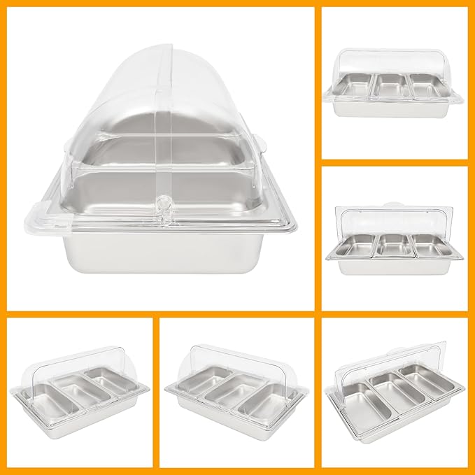 3-Compartment Stainless Steel Food Display Container w/Clear Roll Top Cover, Buffet Serving Tray for Kitchen, Restaurant, Party, Salad, Sushi, Freestanding Condiment Storage Platter, Easy Clean