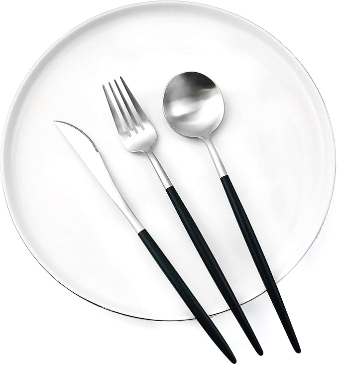 Gugrida Black Silver Flatware, Royal 5 Piece Matte Black Handle 18/10 Stainless Steel Tableware Sets for 1 Including Forks Spoons Knives, Camping Silverware Travel Utensils Set Cutlery Black/Silver