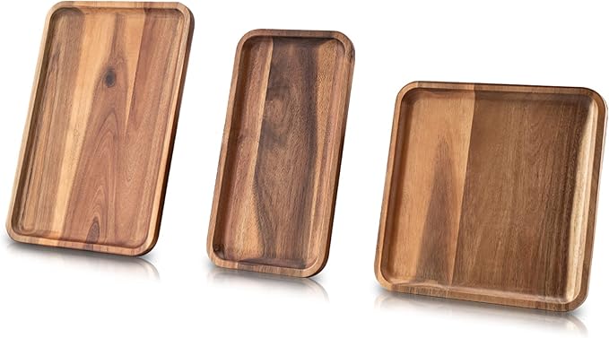BF BILL.F SINCE 1983 Acacia Wood Rectangular Serving Tray Set of 3, Elegant Farmhouse Style