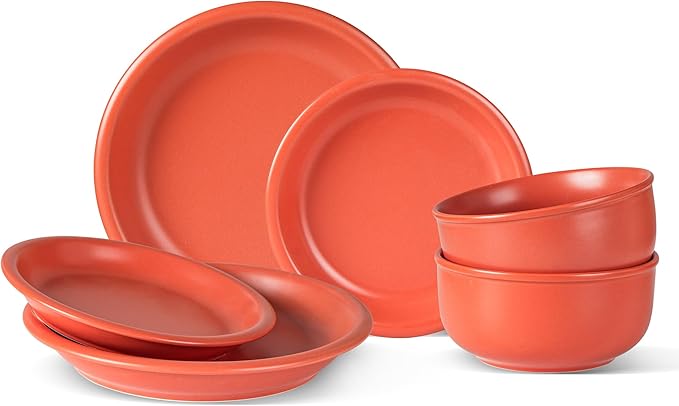 Plates and Bowls Sets, 6 Piece Ceramic Stoneware Dinnerware Set for Family and Gatherings, Dishes Set for 2, Dishwasher & Microwave Safe, Handcrafted Dishware Sets, Terracotta Red