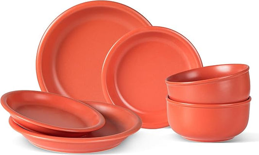 Plates and Bowls Sets, 6 Piece Ceramic Stoneware Dinnerware Set for Family and Gatherings, Dishes Set for 2, Dishwasher & Microwave Safe, Handcrafted Dishware Sets, Terracotta Red