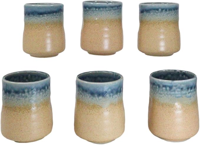 Ebros Gift Artistic Blue River Ao Nagashi Collection Dinnerware Serveware Kitchenware Set Asian Japanese Restaurant Supply (Pack Of 6 Yunomi Reactive Glaze Tea Cups 9oz)