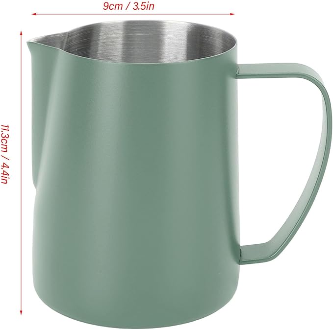 Milk Frothing Pitcher, 480ml 16oz Stainless Steel Steaming Pitcher Milk Frother Cup with Scale and Pointed Mouth for Espresso Cappuccino Latte Coffee Art, 4.4 x 3.5in (Green)