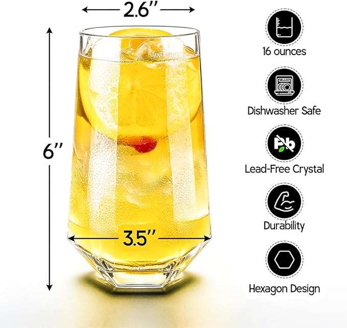 WARMEST SPIRIT Crystal Beverage Glasses- Set of 6- Hexagon Design – 16oz Beer Tumbler & Highball Glass | Modern Tall Drinking Glass for Beer, Cocktails, Iced Tea, Cold Drinks & Everyday Use