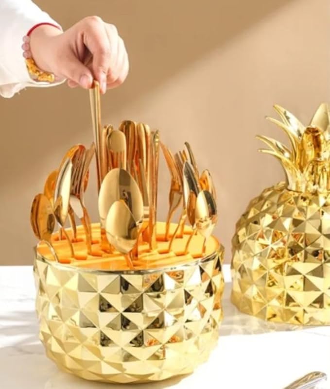 24 pcs Pineapple Egg Shape Cutlery Sets | Gold Sliver Stainless Steel Flatware Set 6 Dinner Spoons, 6 Dinner Forks, 6 Tea Spoons, 6 Butter Knives