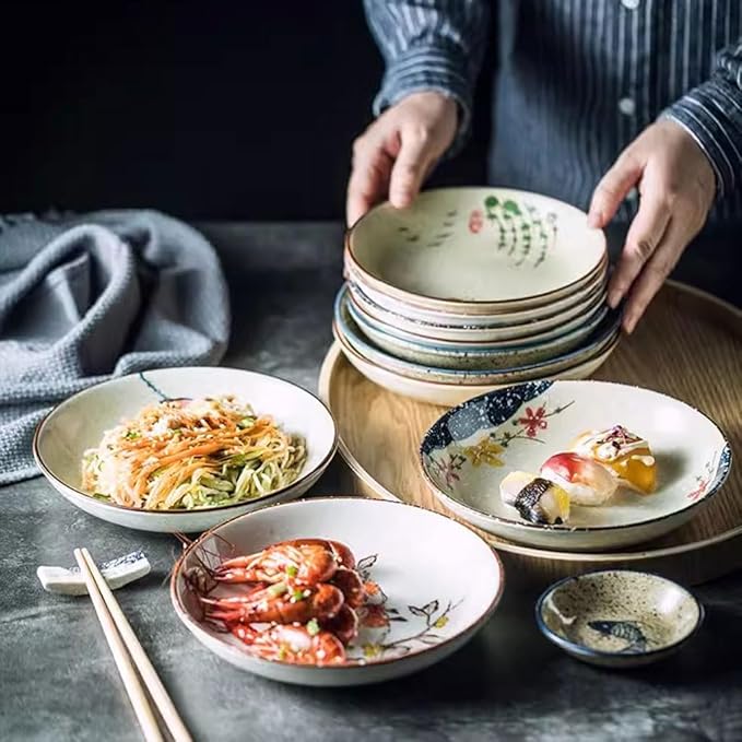 Kitchen Plates Japanese Retro Ceramic Plate Deep Plate Dinner Plate Home Restaurant Rice Bowl Soup Plate Japanese Tableware Restaurant Plates(4)