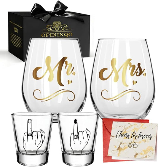 Mr Mrs Wine Glasses Set Wedding Gifts for Couples Newlyweds - Engagement Gift for Bride Groom, Bridal Shower Gifts for Bachelorette Future Mrs. - Wedding Registry Ideas, Honeymoon Essentials