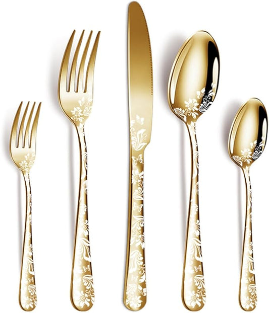 XIAOYU 5 Pieces Silverware Set, Black Flatware Set, Stainless Steel Mirror Polished Cutlery Set, Spoons Forks Knives Set with Unique Floral Laser, Gold