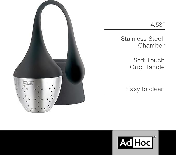 AdHoc Hangtea Infuser Black - Tea Infuser Kitchen Accessory - Dishwasher-Safe Metal Strainer for Fruit & Other Teas - Stainless Steel Diffuser with Silicone Arm - Essential Filter for Tea
