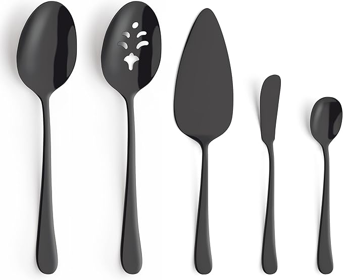 Amefa Matte Black Serving Spoons & Utensil Set - 5-Piece Stainless Steel - Includes Slotted Spoon, Pie Server & Butter Knife - Flatware & Kitchen Utensil Set
