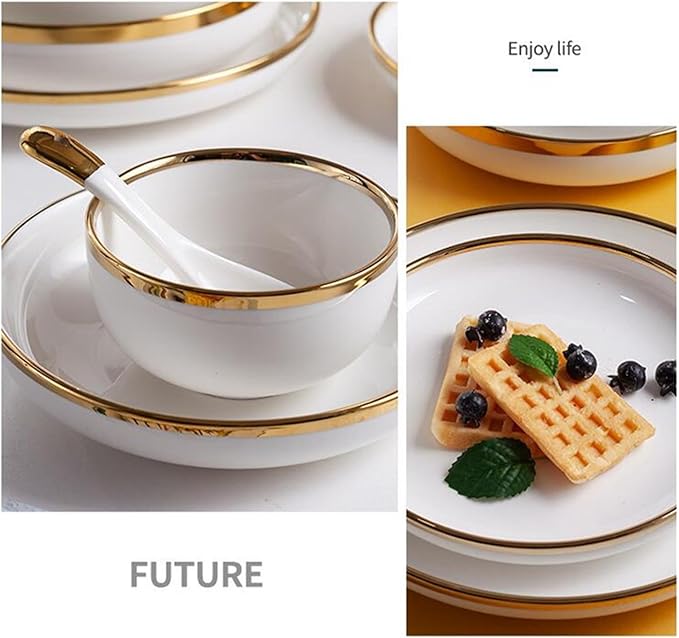 Dinnerware Set Gold Bright White Porcelain Dinner Sets Ceramic Bowl Dish Plates Set Porcelain Dinnerware for Household Hotel Ceramic Plates and Bowls Sets