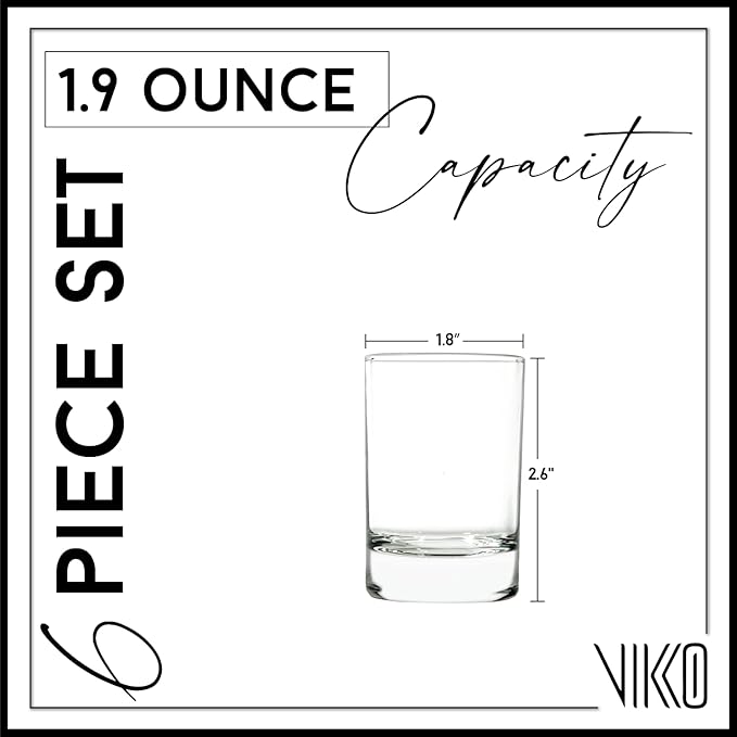 Vikko 1.9 Ounce Shot Glasses, Set of 6 Small Liquor and Spirit Glasses, Durable Tequila Bar Glasses For Alcohol and Espresso Shots, 6 Piece Mini Shooter Glass Set (Chile)
