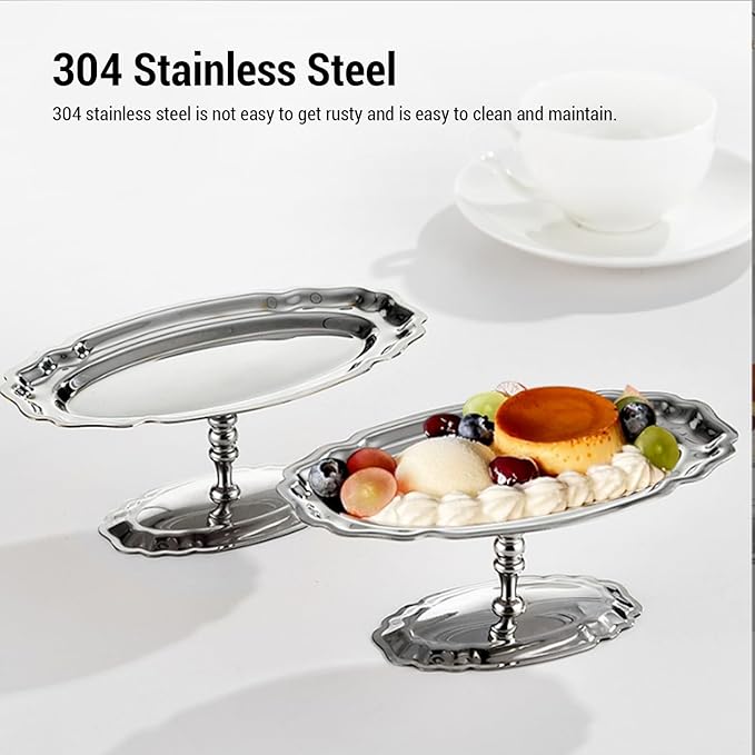 Footed Dessert Serving Tray, Silver Oval Serving Tray, Sturdy Steel Dessert Platter, Elegant Compact Fruit Cake Holder for Home Kitchen Hotel Restaurant Wedding