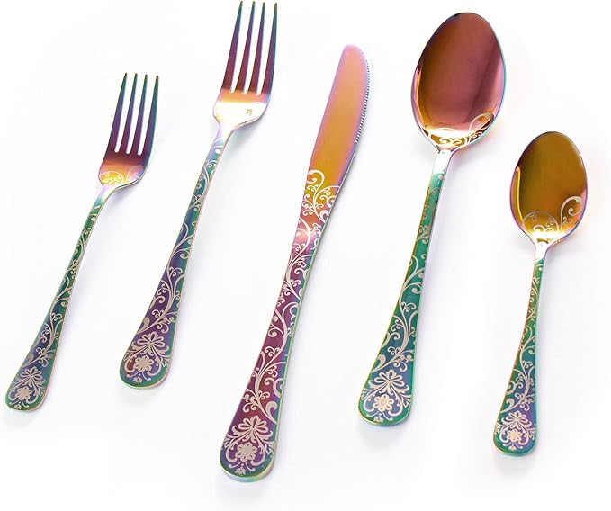 40 Pieces Stainless Steel Flatware Set for 8 People Knives Forks Spoons Set, Vintage Pattern Design, Mirror Polish and Dishwasher Safe (05-COLORFUL-SET 40)