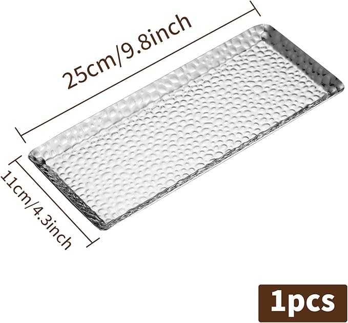 9.8×4.3Inch Silver Metal Decorative Tray, Reusable Stainless Steel Serving Trays, Rectangle Bar Trays for Liquor Display, Decorative Bar, Vanity, Coffee Serving Tray