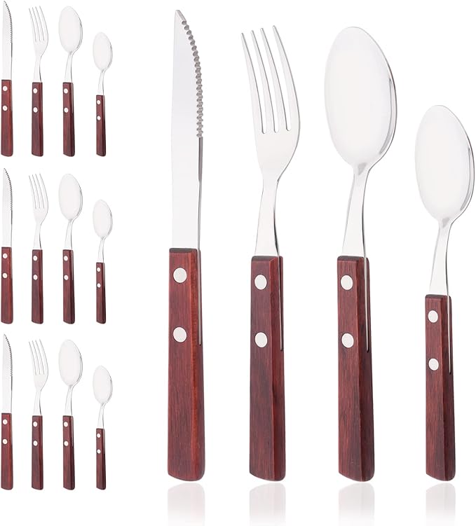 Silver Flatware Cutlery Set with Red Wood Handle, 18/8 (304) Stainless Steel Silverware Set, Include Forks Spoons and Knives, Mirror Poolished, 16-Piece (4 sets)