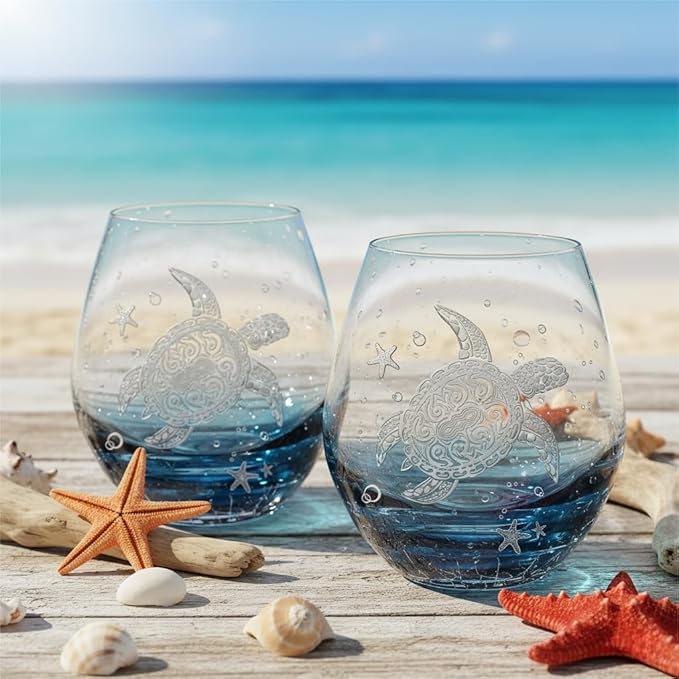 Sea Turtle Wine Glasses Set 4 - 13.3oz Crackle Teal Design, Hand blown Tortoise Wine Tumbler,Sea Turtle Gifts for Women, Birthday/Housewarming/Christmas Gifts for Turtle Lovers(4count, White)