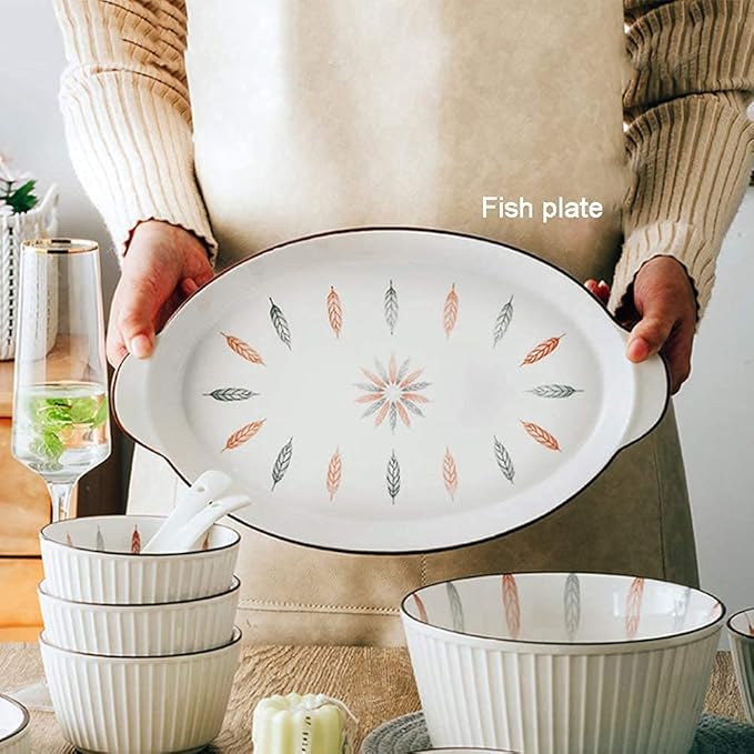 38 Pcs Dinnerware Sets, Chinese Style Porcelain Tableware Set with Plates and Bowls, White Ceramic Dinner Set for Home Kitchen and Dinning, Microwave and Dishwasher Safe,