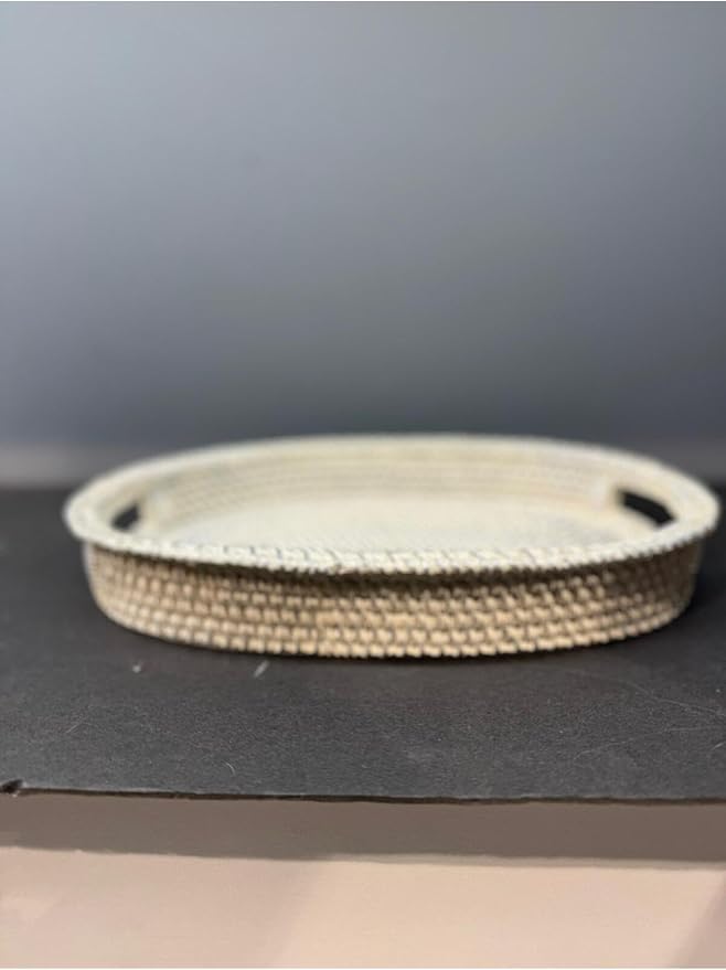 Tray Decorative Polyester Wicker Cream Silver Serving Tray, Abstract Style, Table Accent piece, Home Decor, 10.2 x 12.6 Inches - Silver-Antiqued, One Size