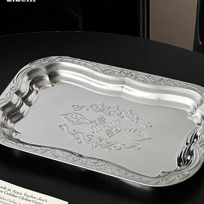 Stainless Steel Dessert Plate Vintage Embossed Cake Tray Jewelry Storage Organizer Snack Plate Serving Plate Tableware