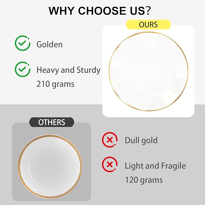13 Inch Charger Plates, 16 Pack, Clear Charger Plates with Gold Rim, Heavy Duty Disposable Plastic Chargers for Dinner, Elegant Dining, Wedding, Party, Formal Event Decoration (16, Gold)