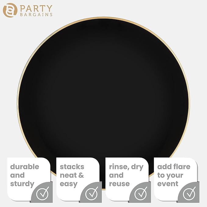 PARTY BARGAINS 13-Inch Charger Plates - 16 Pack, Organic Collection Black Gold Rim, Heavy-Duty Disposable Chargers for Elegant Dining - Ideal for Weddings and Formal Events