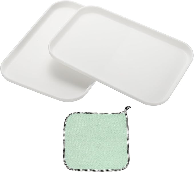 PATIKIL 12x8.7 Plastic Tray, 2 Pack Rectangular Plates Small Food Tray Wheat Plates Dishes Reusable Dessert Plate Trays with Cloth for Cake Fruits Salad Cupcake Steak Serving White