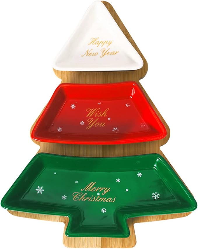 Colorful 10.8 Inches Snack Appetizer Trays Set, Christmas Tree Dessert Serving Dishes, Snack Platter, 3 pcs Removable Porcelain Plates with Bamboo Tree Tray