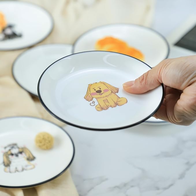 SOCOSY Super Cute Cartoon Animals Ceramic Sauce Dishes, Seasoning Dishes, Little Cat Dog Bird Feeding Bowls, Sushi Soy Dipping Bowls, Appetizer Plates, Dessert Plates, Set of 6-Cartoon Dog-5 Inch