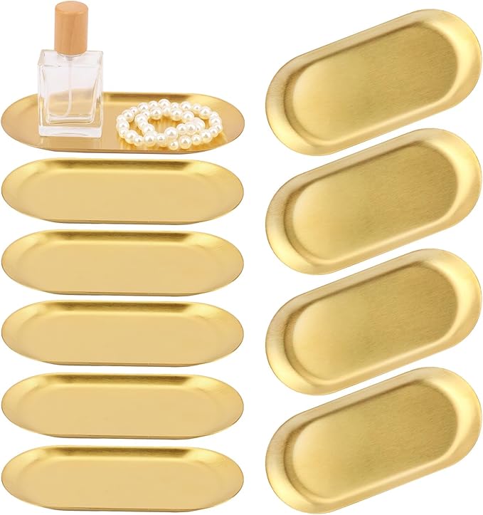 15 Pack 7 Inch Oval Stainless Steel Decorative Tray, Stainless Steel Tea Fruit Tray, 7 inch Gold Oval Trays for Bathroom Vanity, Jewelry, Perfume & Key Organizer (Gold)