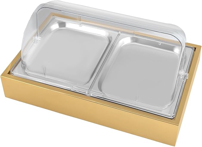 Ice Food Serving Display Tray, 3L/3.17Qt Stainless Steel Buffet Cold Serving Cooler Platter, Cooling Food Dishes Display Plate Case with Clear Cover for Salad, Fruit, Dessert