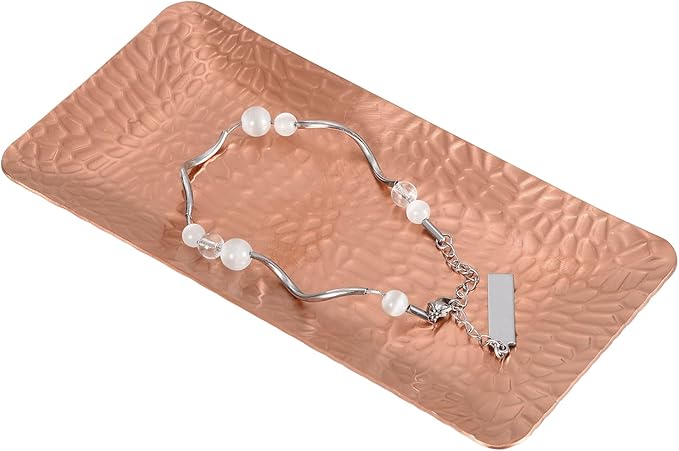 uxcell Decorative Tray, 5.9x3 Stainless Steel Rectangular Frosted Serving Tray with Hammer Pattern for Dessert Napkin Towel Candle Jewelry Bathroom Platter, Stackable, Rose Gold