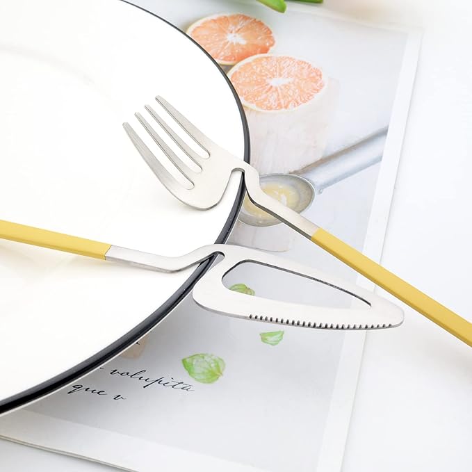 24pcs Household Cutlery Set, Matte Metal 18/10 Stainless Steel kitchen Utensils With Nice Coloured Handles For 6 People, Gift Box Packaged (Yellow Silver)