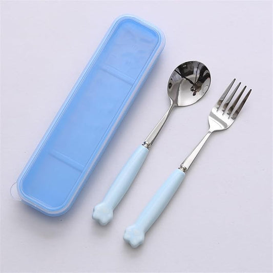 Cute Silverware Set, Cat Paw Ceramic Handle Dinnerware Set Flatware Kitchen Accessories Camping Travel Sets Fork Spoon Chopstick Portable Cutlery Sets with Case, Black Pink Blue Yellow Green