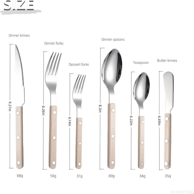 6-Piece Stainless Steel Silverware Cutlery Set - Color Handle with Rivet/Retro Style Sabre Flatware - Includes Dinner Knife; Dinner Fork; Salad Fork; Soup Spoon; Teaspoon; Spreader (Green)