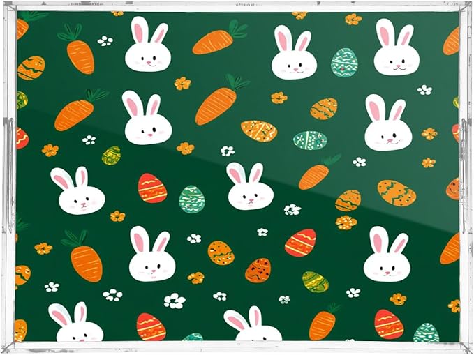 Serving Tray with Handles Clear Acrylic Tray 12x16 Inch Decorative Rectangular Tray Organizer for Ottoman Coffee Table Bathroom Deep Green Easter Rabbit Eggs Carrots