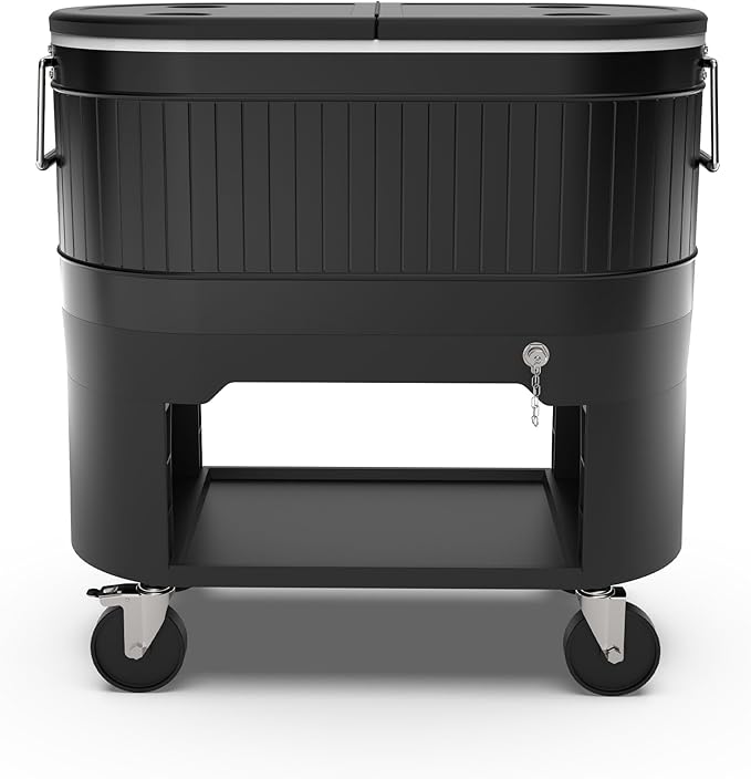 Permasteel Rolling Patio Cooler – Large Outdoor Ice Chest with Wheels, Beverage Cooler for Backyard, BBQ, Tailgate, Beach, Parties, Rustic Farmhouse Design