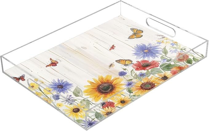 Serving Tray with Handles Clear Acrylic Tray 12x16 Inch Decorative Rectangular Tray Organizer for Ottoman Coffee Table Bathroom Watercolor Cornflower Butterfly